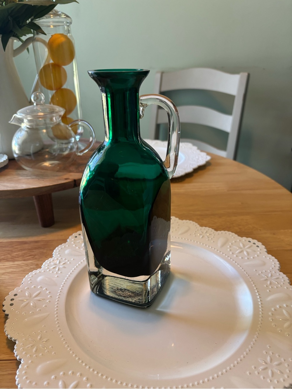 Emerald Green Glass Carafe Vase with Clear Handle